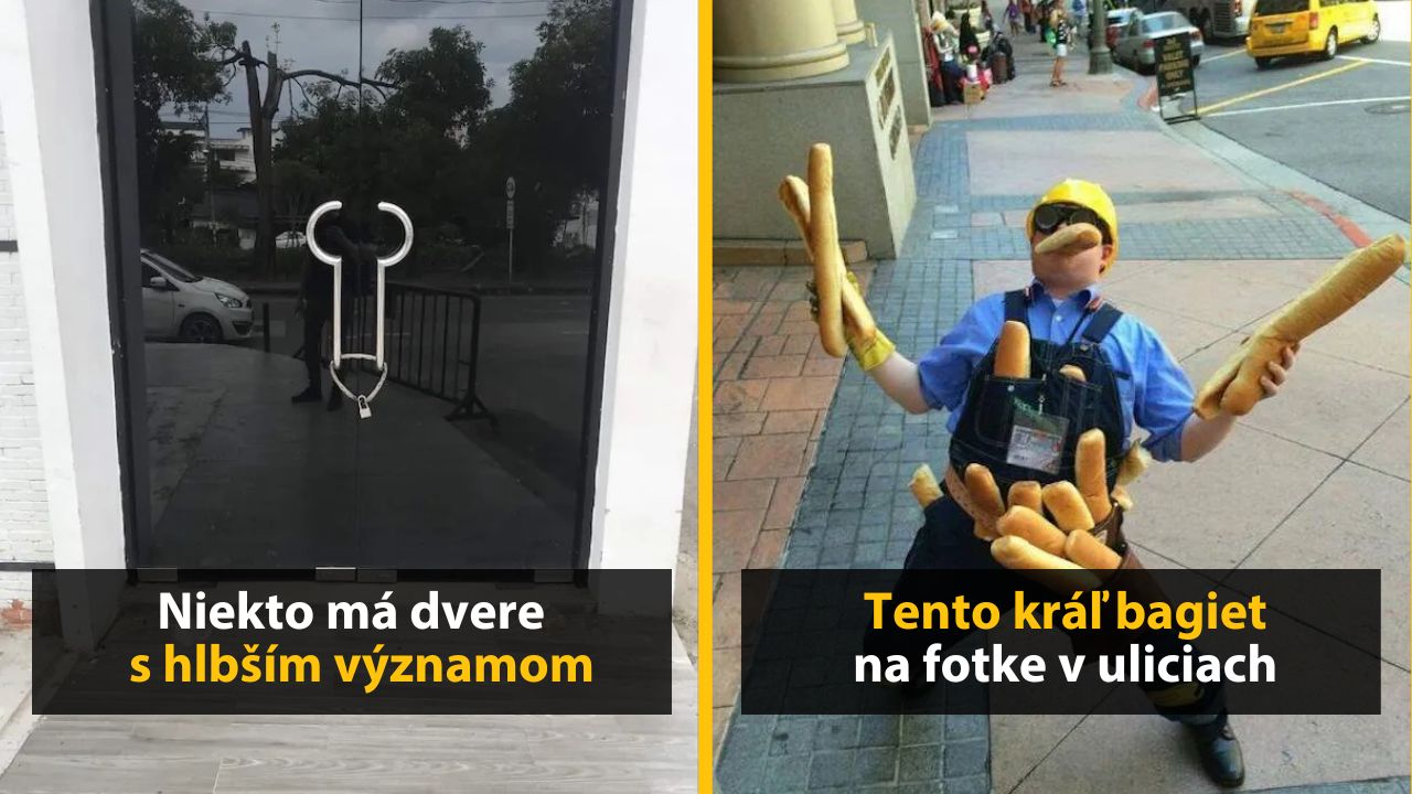 Dvere so zaujímavým tvarom rukoväte a muž s mnohými bagetami na ulici, kostým pripomína inžiniera z videohry.