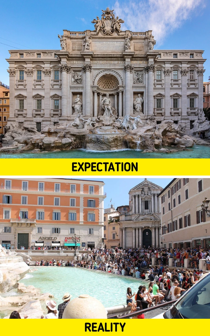 Fontána di Trevi: očakávania verzus realita, s preplnenými turistami.