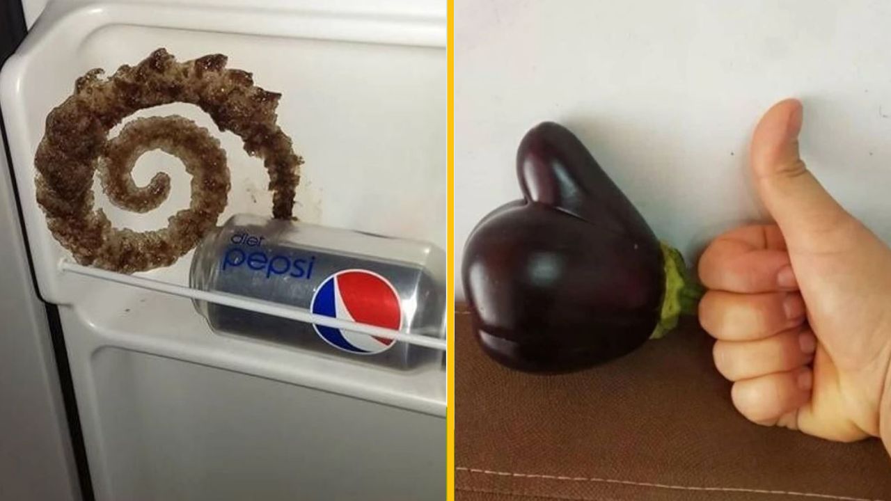 Neznáme objekty vedľa plechovky a baklažánu v tvare srdca s palcom hore.