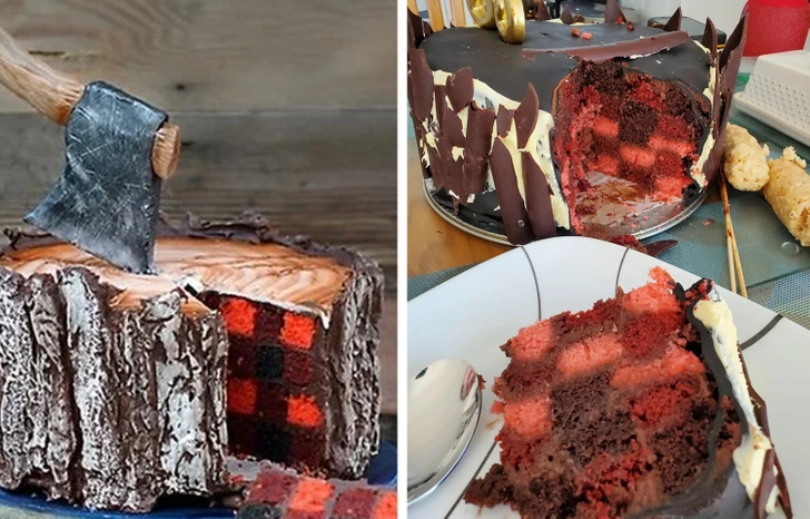 Dvojfarebná torta s vnútorným vzorom dreva a sekerou na vrchu, rozkrojená na tanieri.