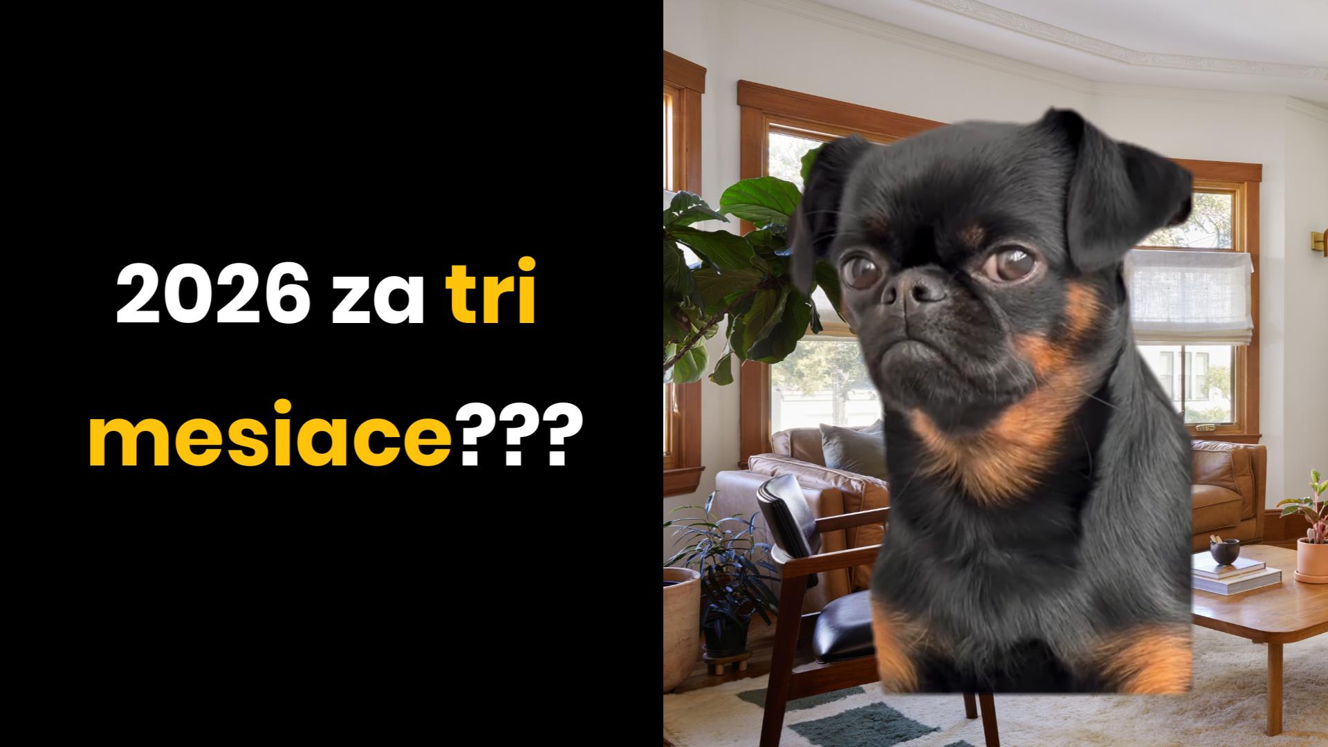 Pes v obývačke s textom: 2026 za tri mesiace???