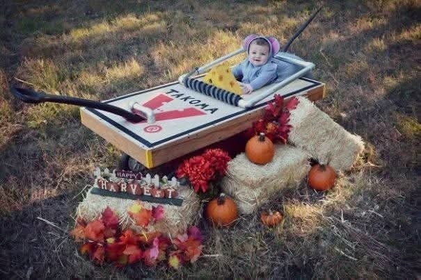 Dieťa oblečené ako myška leží na veľkej pasci na myši, obklopené tekvicami a hallowenskou dekoráciou.