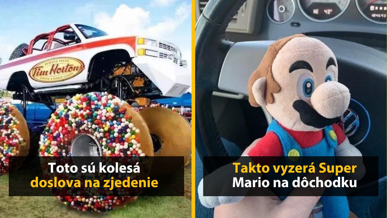 Monštrum truck s kolesami ako donuty a plyšová bábika v aute pre zábavný efekt.
