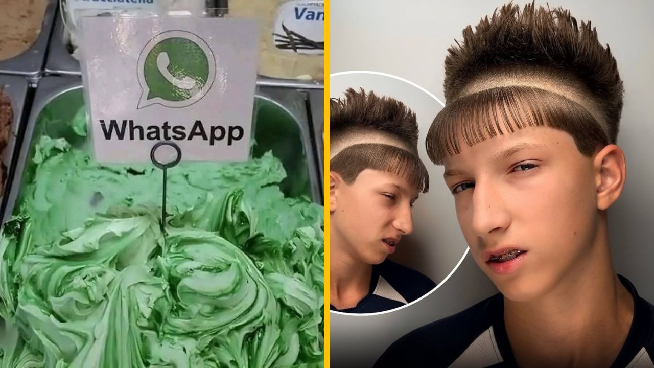 Zmrzlina s nápisom WhatsApp vedľa unikátneho účesu s pruhmi na bokoch.