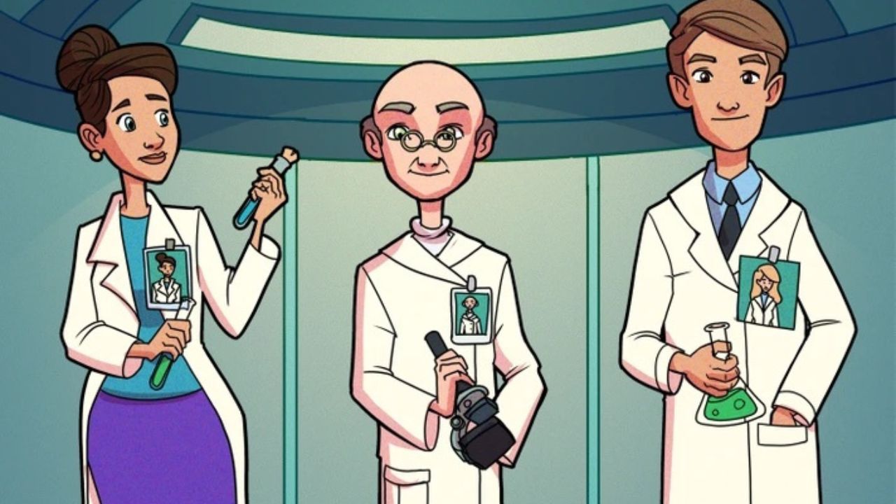 Traja vedci v laboratóriu s rôznymi laboratórnymi nástrojmi, oblečení v bielych plášťoch.