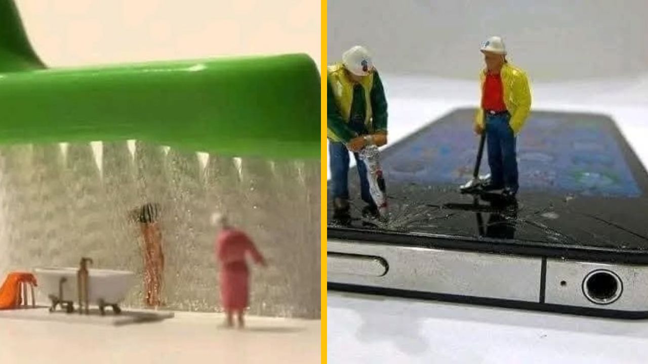 Miniatúrne figúrky: ľudia v kúpeľni s obrovskou kefkou a robotníci opravujúci prasknutú obrazovku smartfónu.