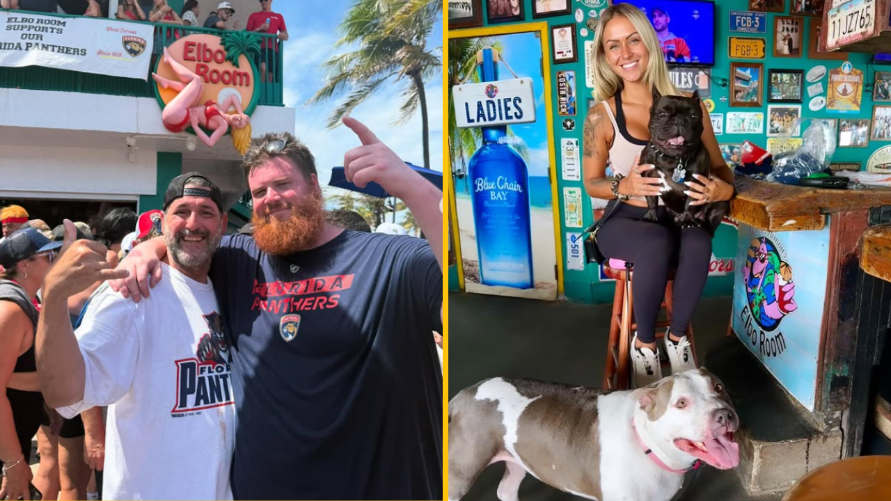 Fanúšikovia Florida Panthers oslavujú vonku, žena v bare s dvoma psami v interiéri.
