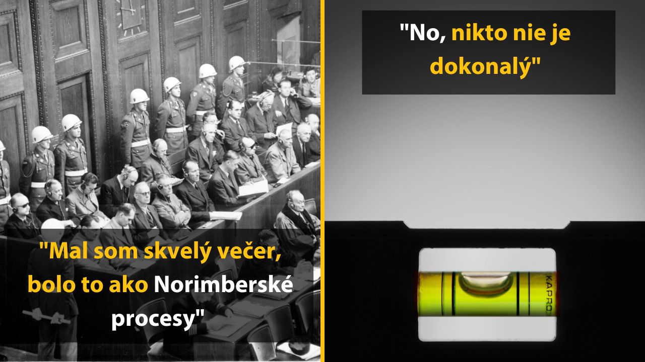 Čiernobiela fotografia súdnej siene so strážami a obžalovanými, vedľa je obrázok vodováhy s textom.