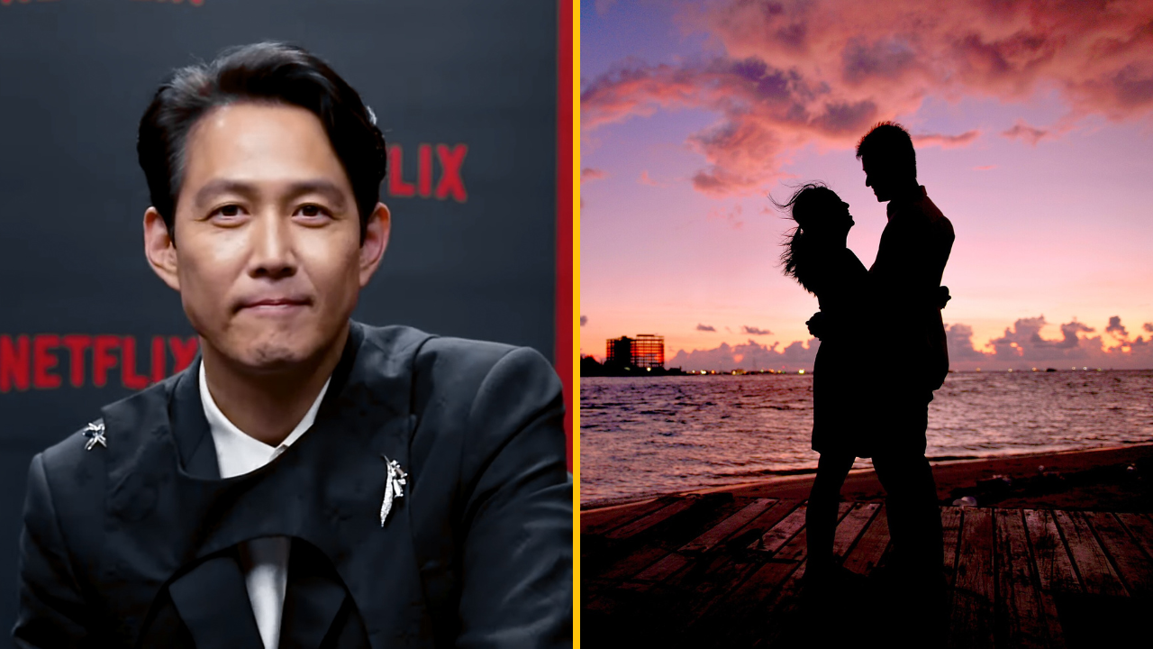 Neznámy muž na podujatí Netflix; pár s výhľadom na romantický západ slnka pri vode.