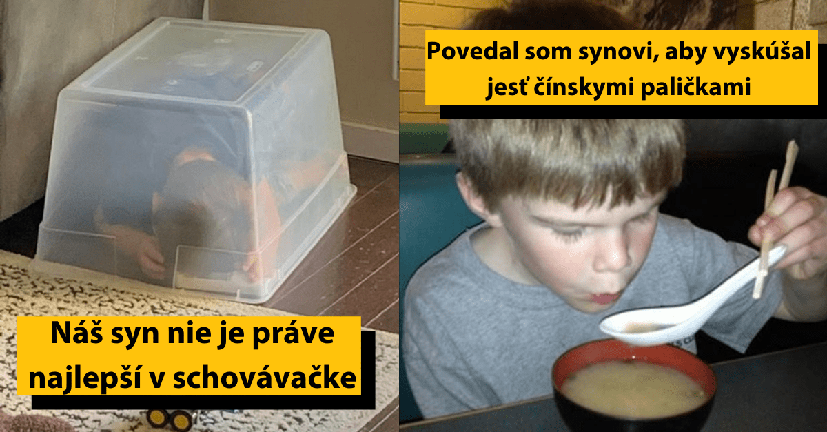 Chlapec sa schováva pod nádobou a pokúša sa jesť čínskymi paličkami; humorné momenty z detstva.