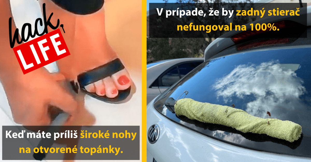 Žena prispôsobuje sandál, kreatívne použitie handry na zadný stierač auta. Lifehacky v každodennom živote.