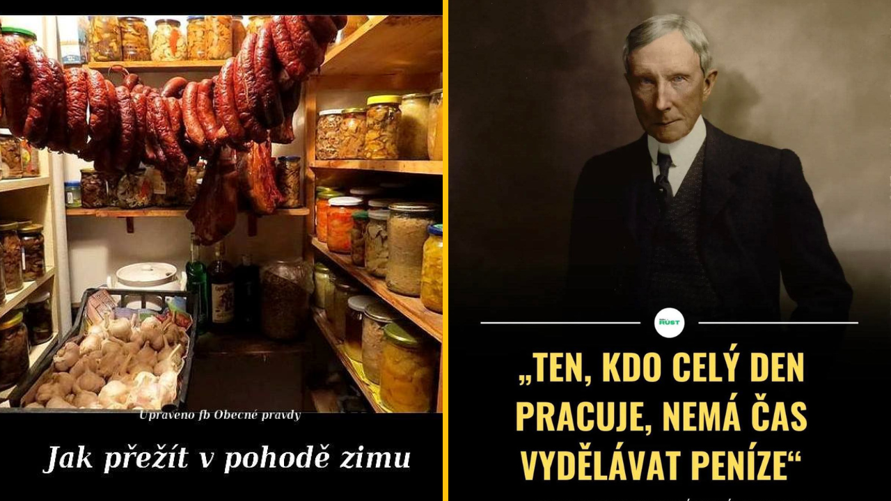 Sklad potravín plný domácich zaváranín a údenín na zimu; múdry citát o práci na druhej strane.