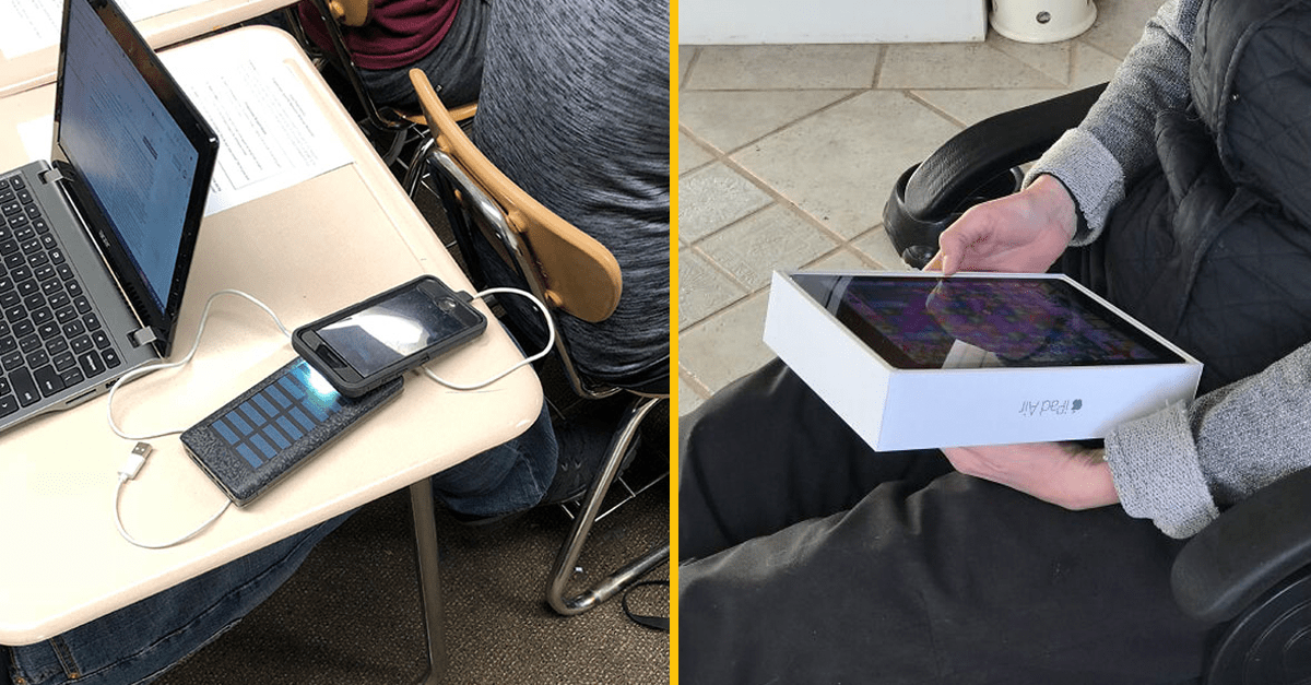 Notebook a nabíjajúci sa mobil na lavici, tablet v krabici držiaci na lone.