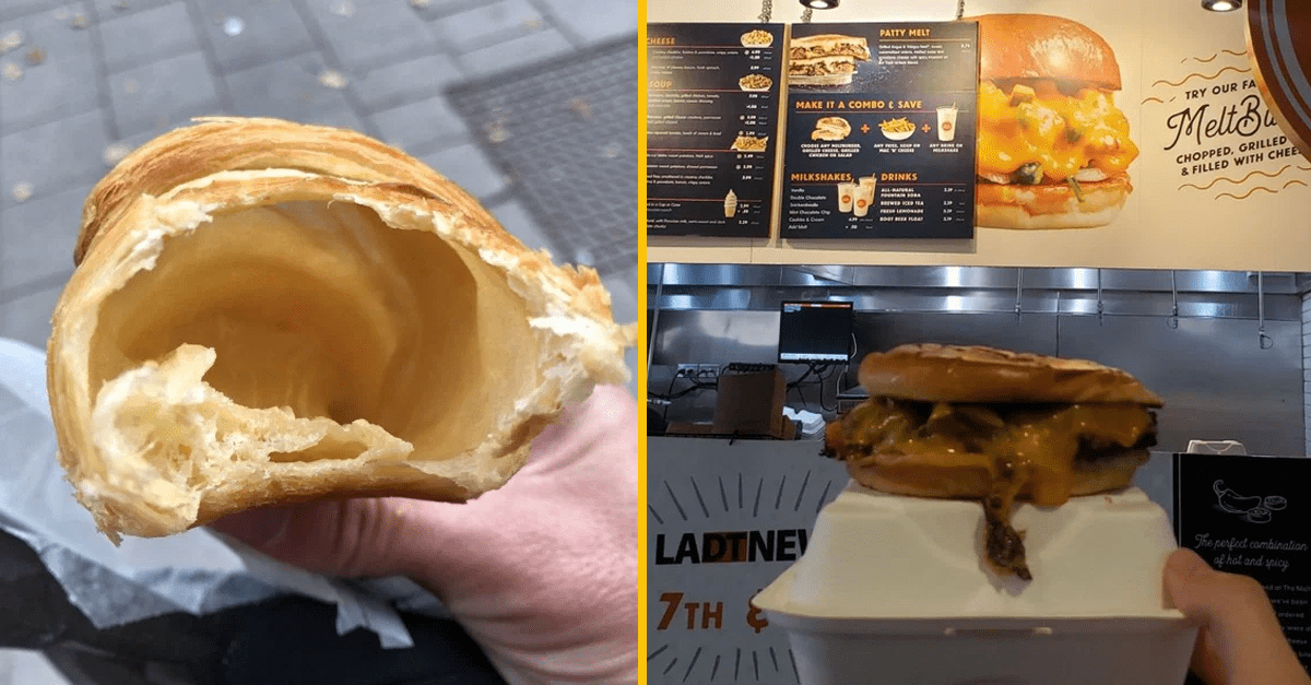 Prázdny croissant a burger s roztopeným syrom v rýchlom občerstvení so zobrazeným menu.