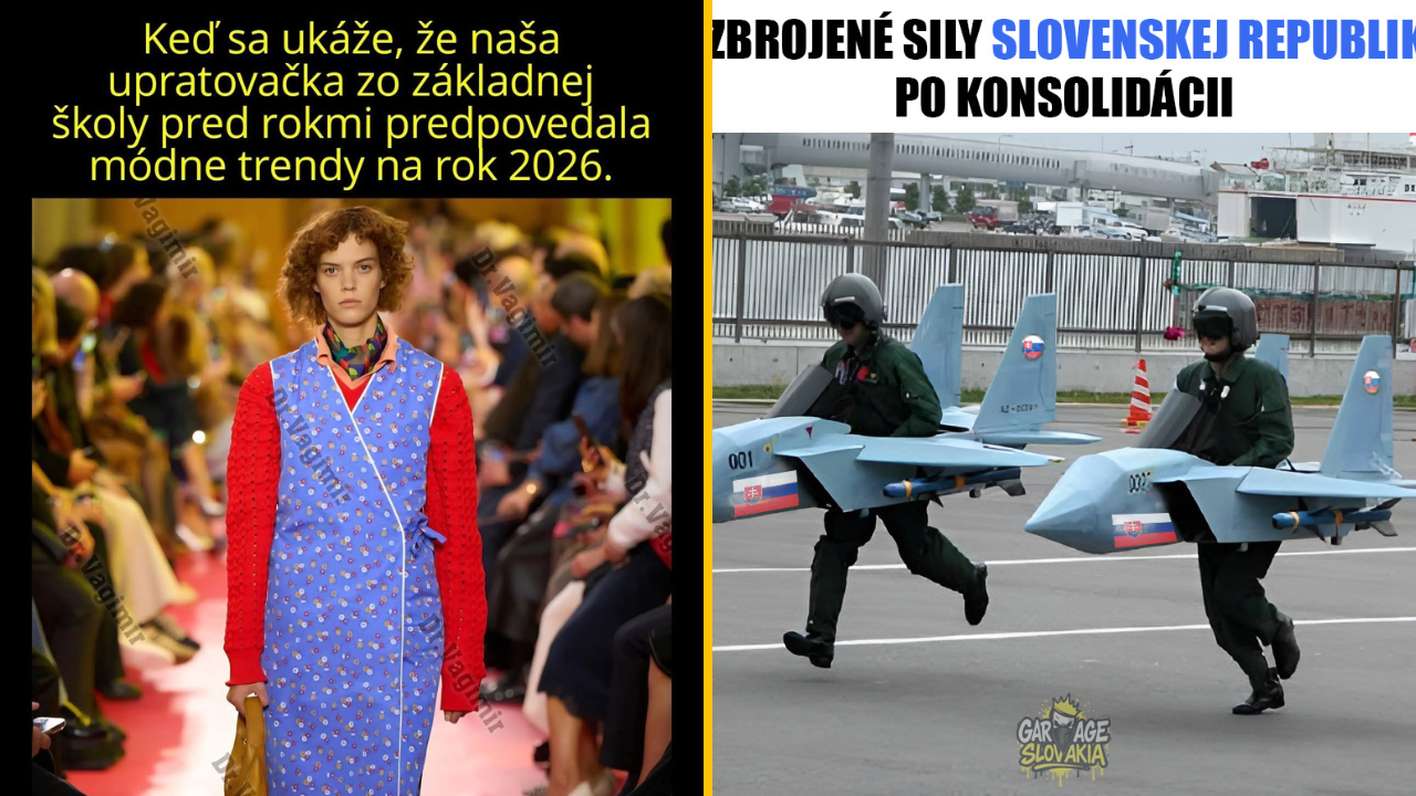 Módne trendy 2026: modelka v pestrofarebnom oblečení, vojaci s papierovými lietadlami po konsolidácii.