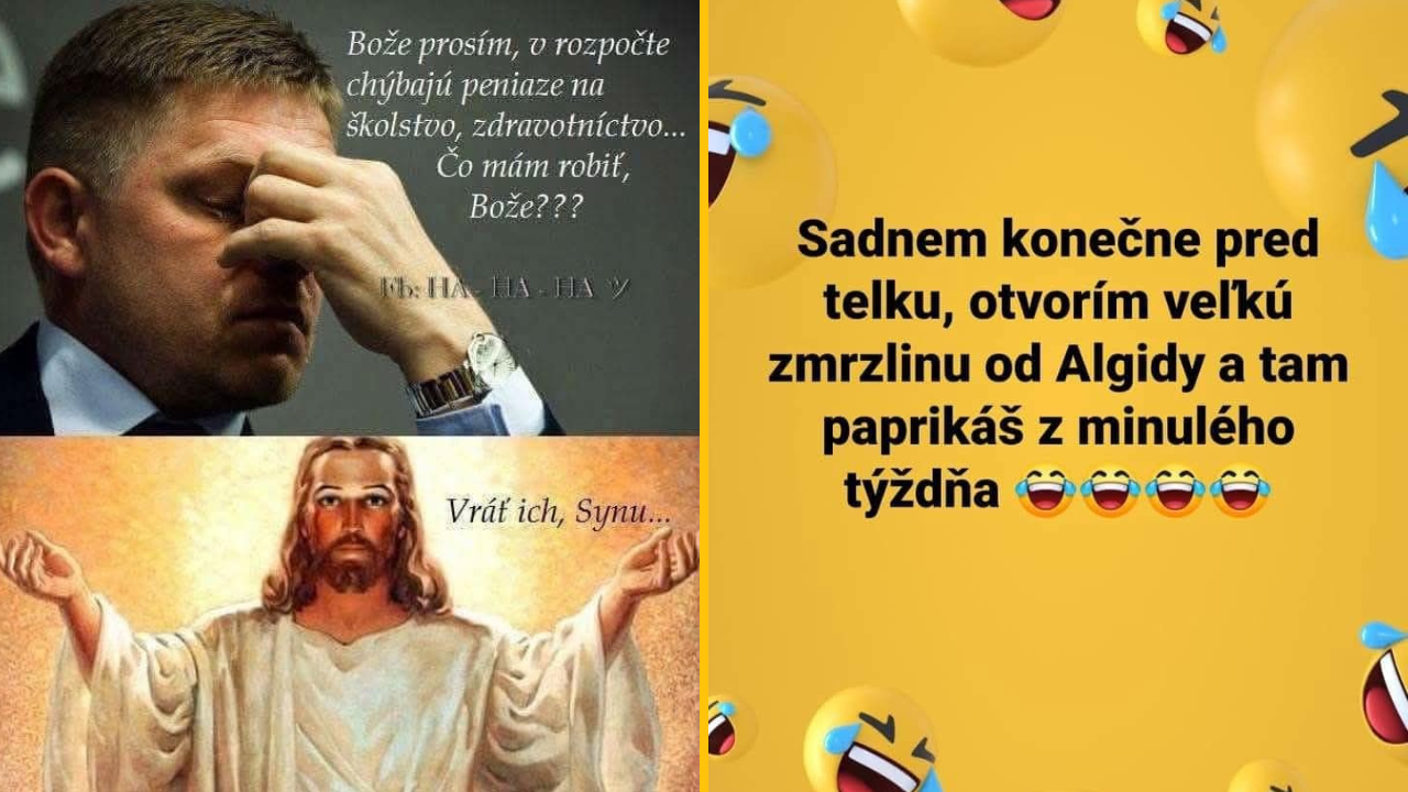Muž si zakrýva tvár a prosí o riešenie, Boh odpovedá. Vedľa vtip o zmrzline s paprikášom. Smiech.