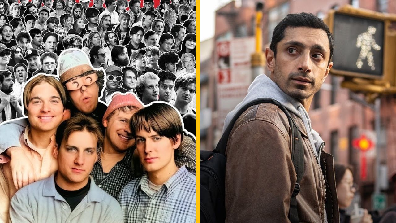 Skupina ľudí v retro štýle a muž na ulici New Yorku za signálom prechod pre chodcov.