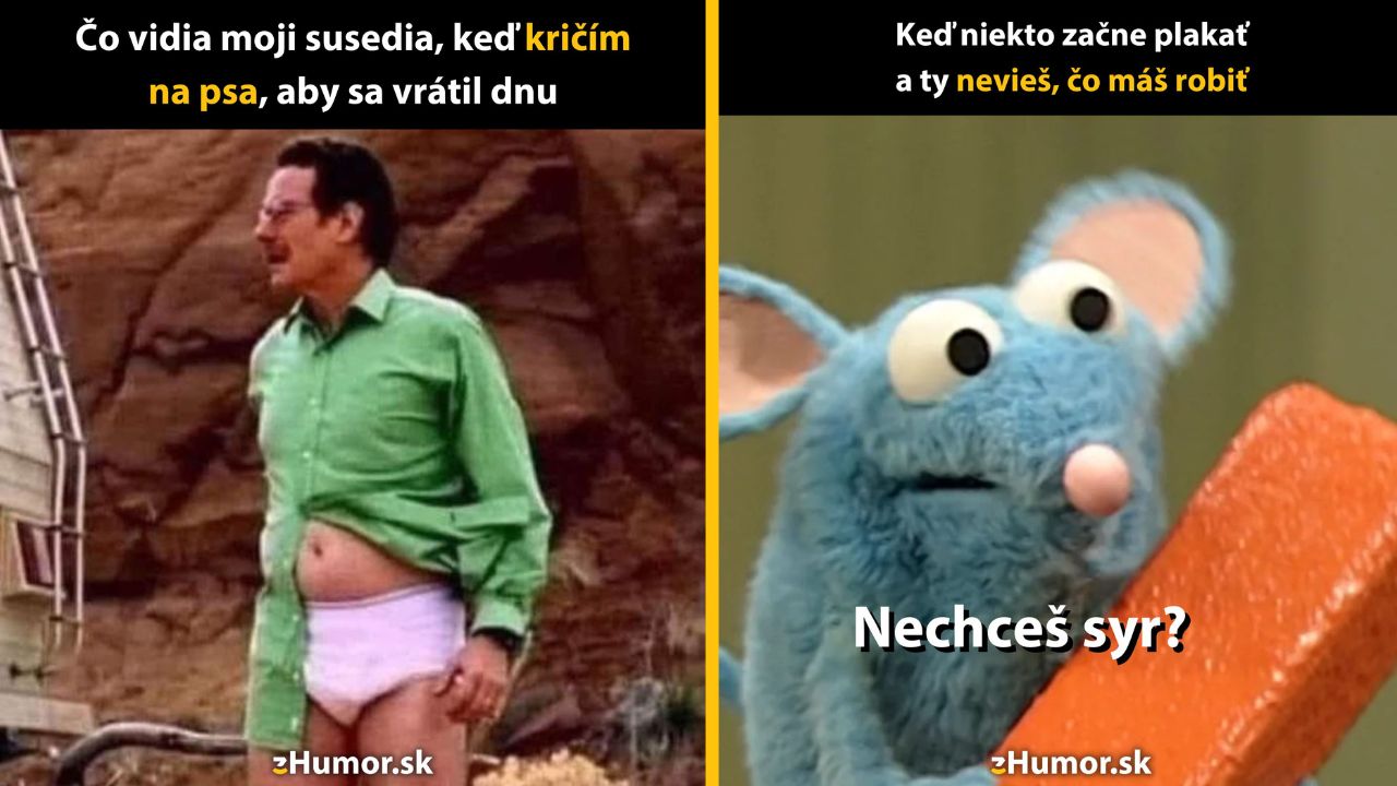 Muž v spodnej bielizni a kreslená myš so syrom v humornom meme formáte.