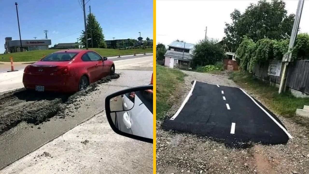 Cesta s červeným autom uviaznutým v betóne vedľa nesprávne položeného asfaltového chodníka.