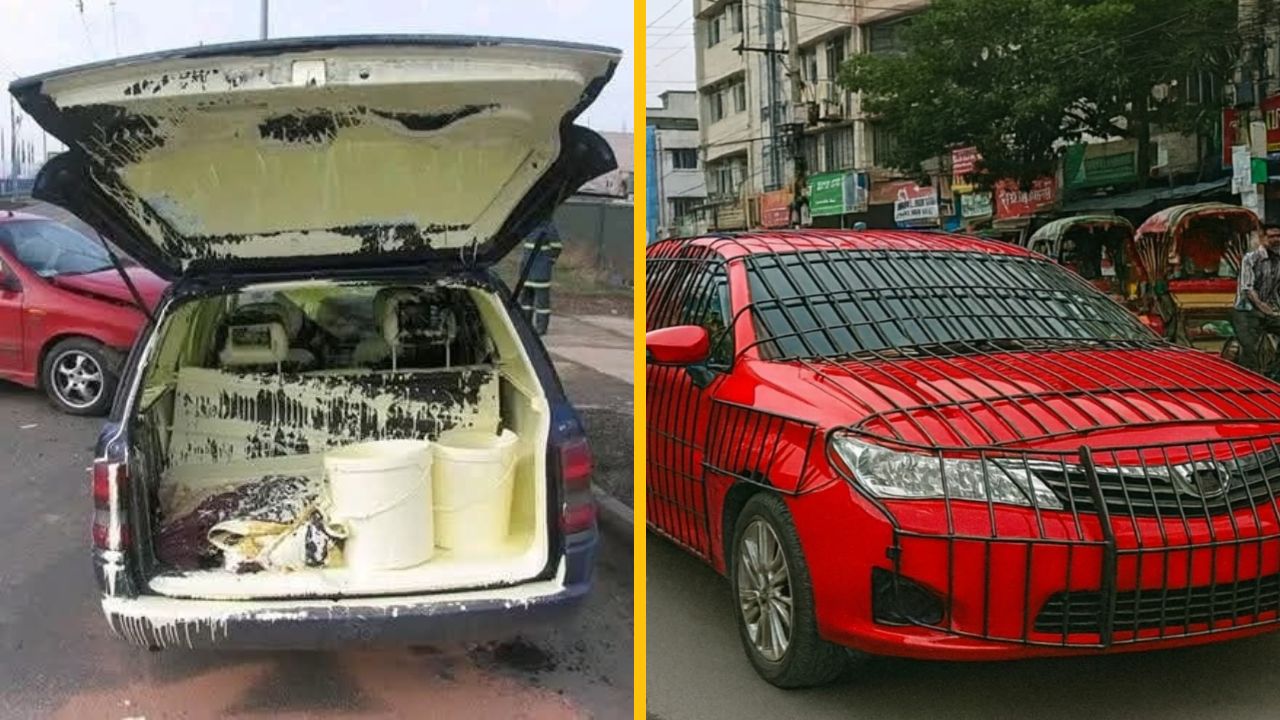 Auto s otvoreným kufrom plným rozliatej farby a červené auto s ochrannou mriežkou na prednej kapote.