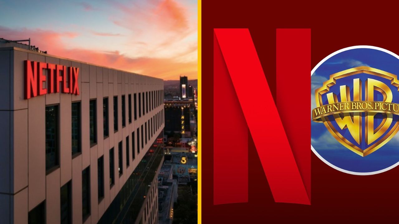 Budova Netflixu pri západe slnka vedľa loga Netflix a loga Warner Bros. v kontraste červenej a modrej farby.