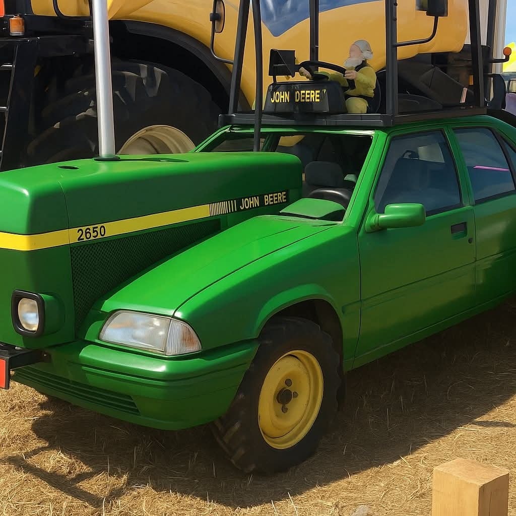 Auto v štýle traktora značky John Deere s originálnym dizajnom, stojace na poli, s bábikou na streche.