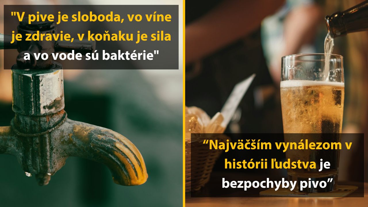 Stará vodovodná batéria a pohár piva symbolizujú kontrast medzi vodou a pivom s vtipnými citátmi.