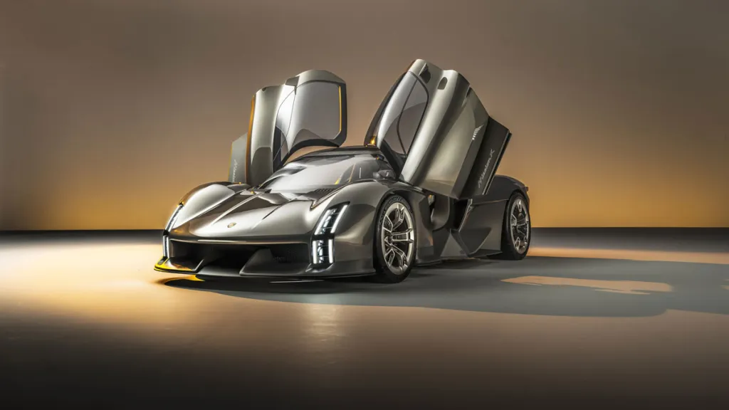 Futuristické športové auto so zdvihnutými dverami v osvetlenom prostredí.