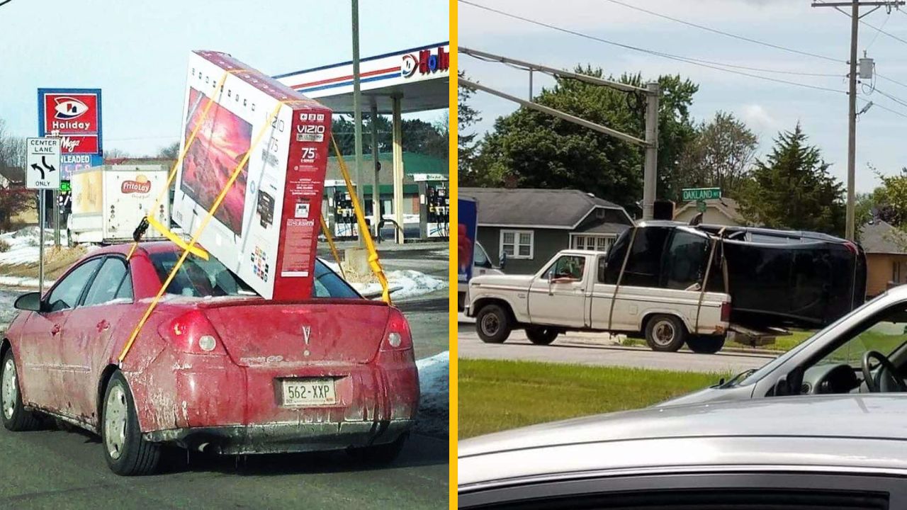 Auto s televízorom na streche a pick-up nesúci veľký predmet, kreatívne riešenia prepravy.