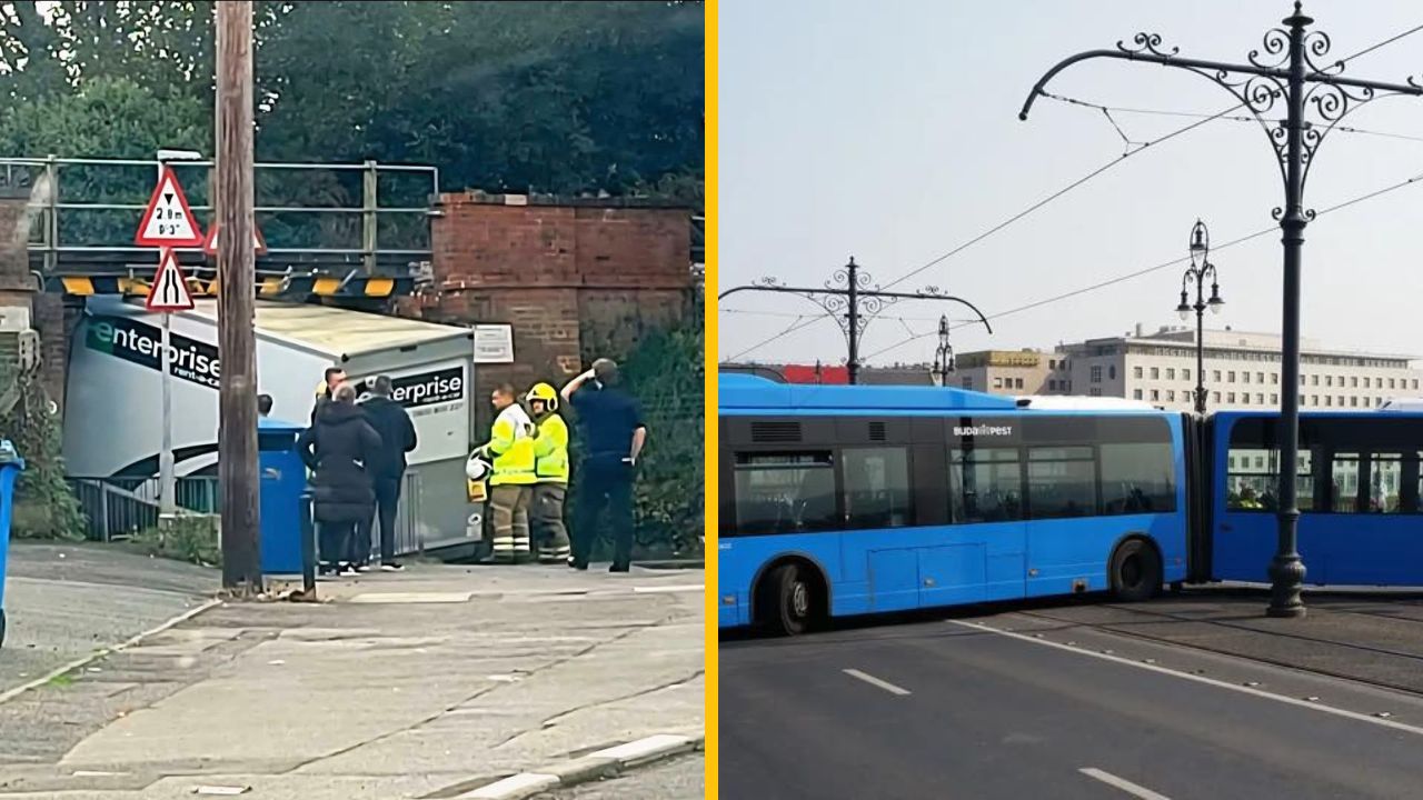 Vozidlo uviaznuté pod nízkym mostom a modrý autobus v Budapešti na ulici. Dopravná situácia s prekážkami.