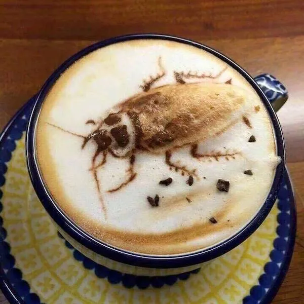 Šálka kávy s umením na povrchu v tvare švába. Kreatívne latte art na bielej pene.
