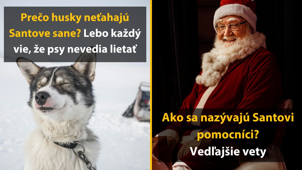 Husky na snehu vedľa Santu s úsmevom. Textové vtipy o Sante a jeho pomocníkoch vytvárajú veselú sviatočnú náladu.