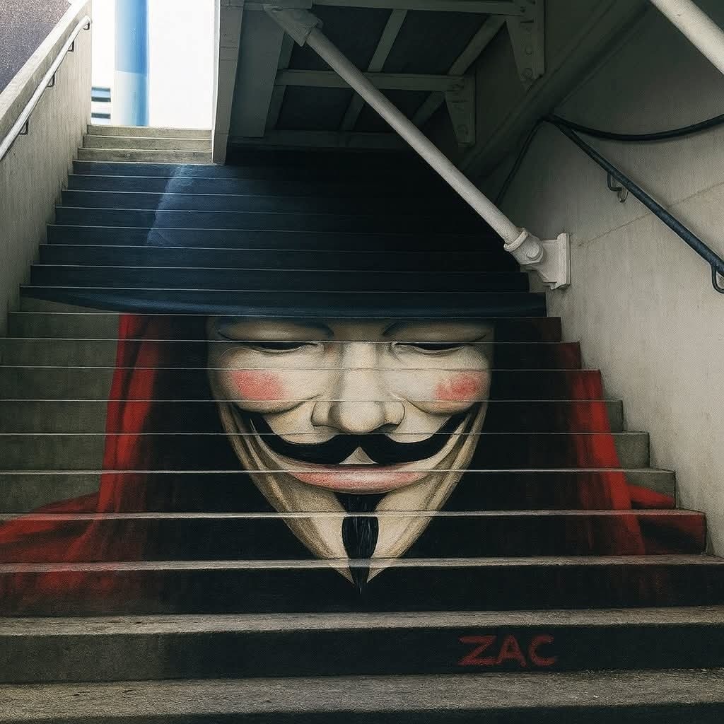 Maľba masky na schodoch v mestskom prostredí, inšpirovaná známou symbolikou, tvorí jedinečnú ilúziu.