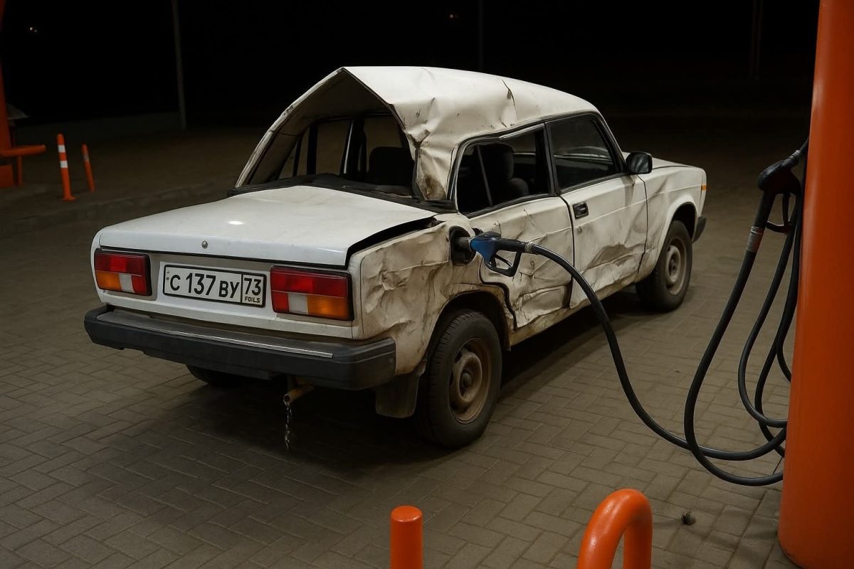 Silno poškodené biele auto pri čerpacom stojane.