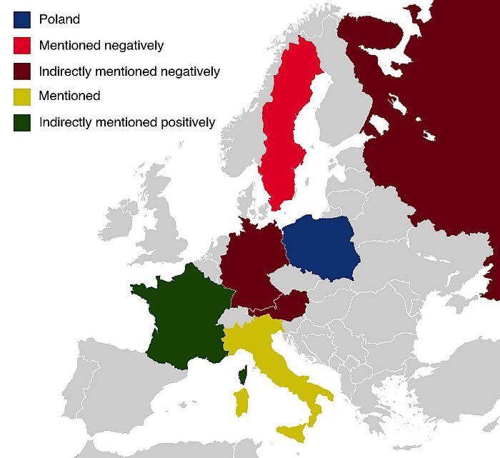 Mapa Európy s rôznymi štátmi farebne označenými podľa typu zmienky: Poľsko, pozitívne a negatívne zmienky.