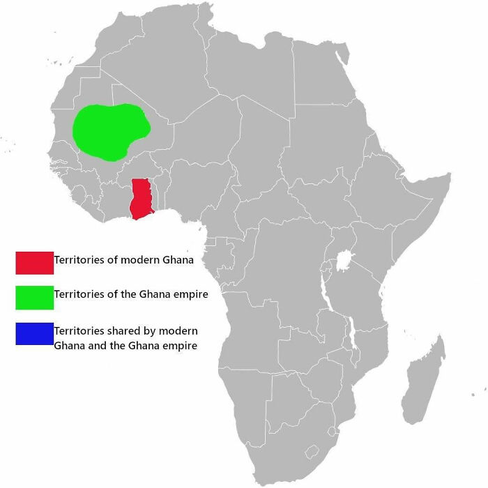 Mapa Afriky zobrazujúca územia súčasnej Ghany a historickej Ganskej ríše.