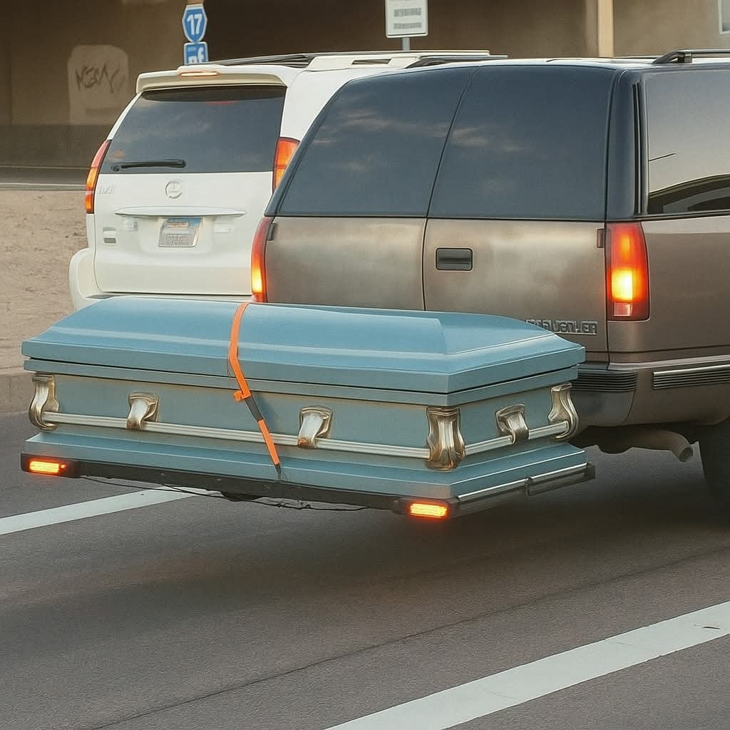Auto preváža modrú truhlu upevnenú na zadnej časti, jazda po ceste.