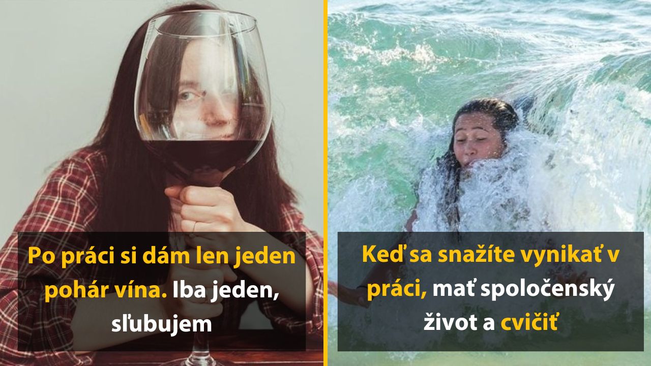 Žena s veľkým pohárom vína a žena vo vlnách; humor o zvládaní života a práce.