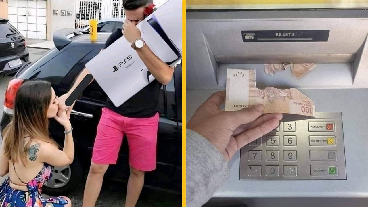 Muž si drží PS5, žena kľačí pri aute, vedľa automatu je roztrhnutá bankovka; humorná situácia.
