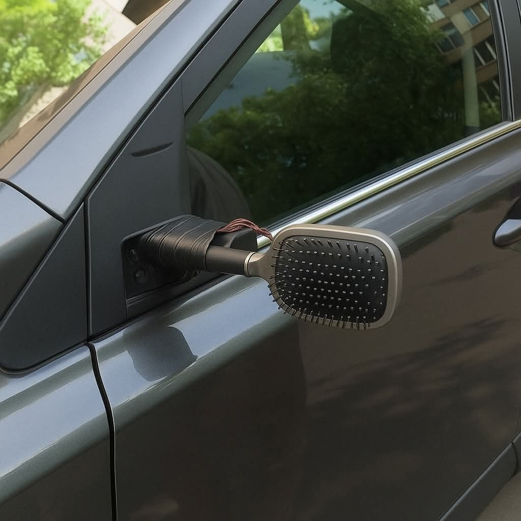 Auto so spätným zrkadlom nahradeným kefou na vlasy, pohľad zboku.