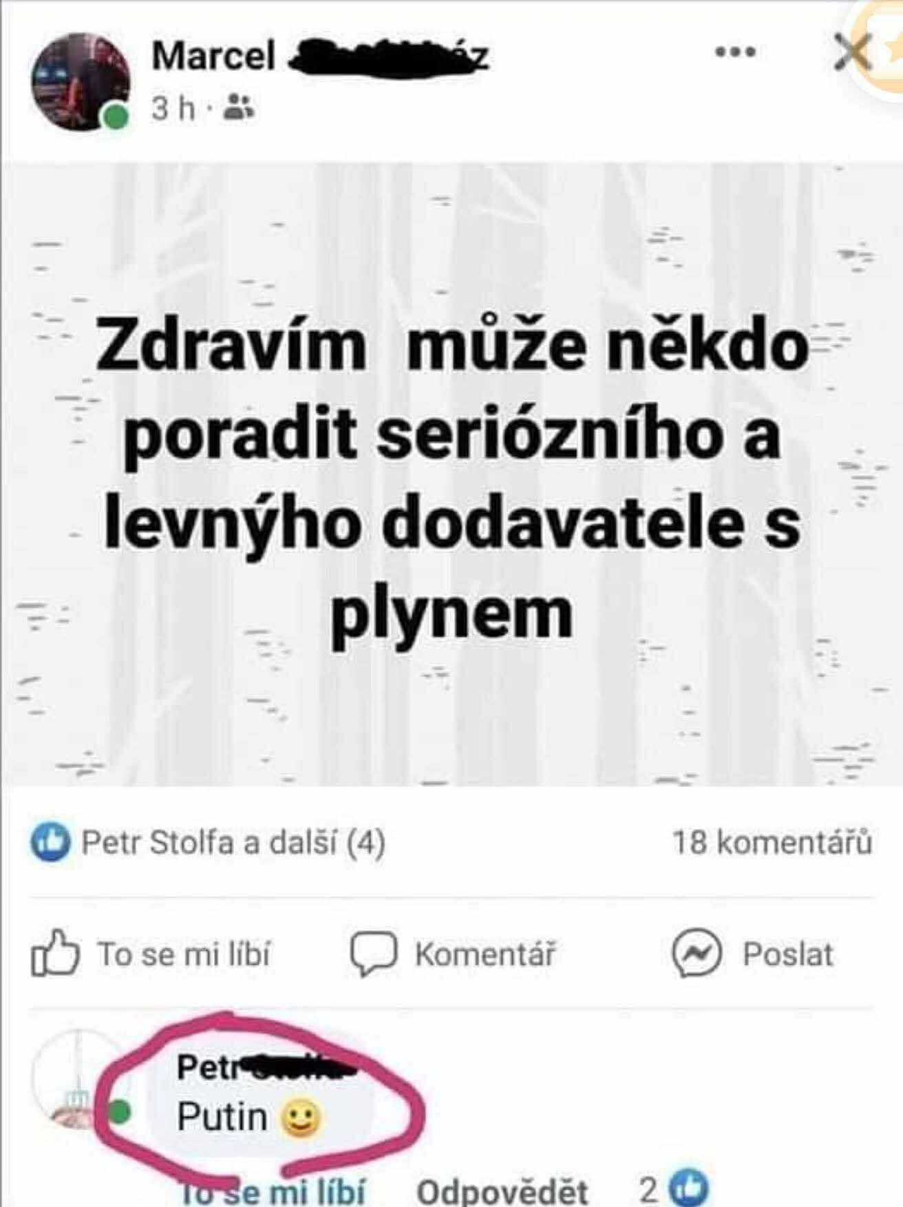 Žiadosť o odporúčanie lacného dodávateľa plynu s komentárom „Putin“ na príspevku na sociálnej sieti.
