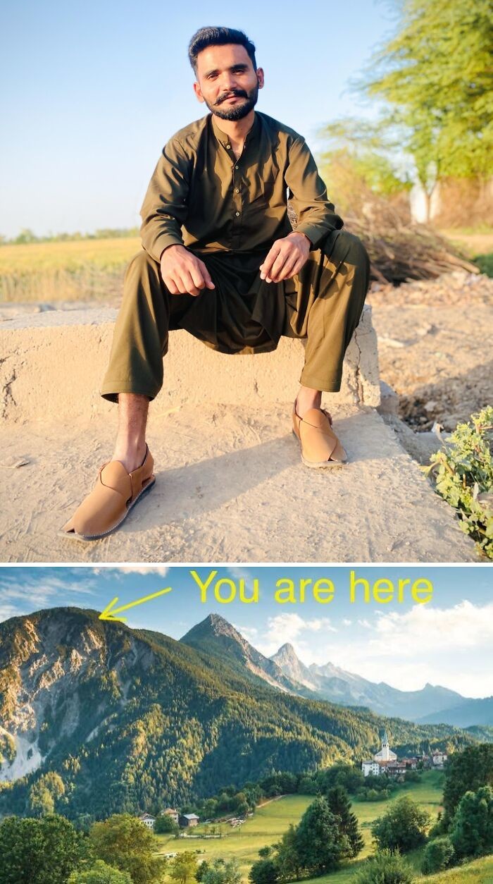 Muž sediaci na múriku pri prírode s dolným obrázkom hôr a nápisom You are here.