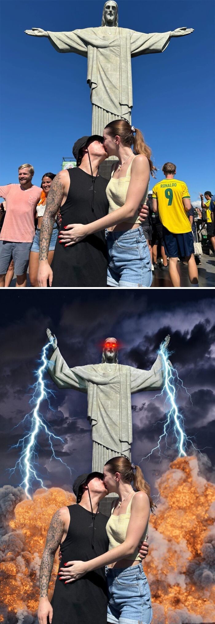 Pár sa bozkáva pred sochou Krista, upravenou s bleskami a ohňom v pozadí.