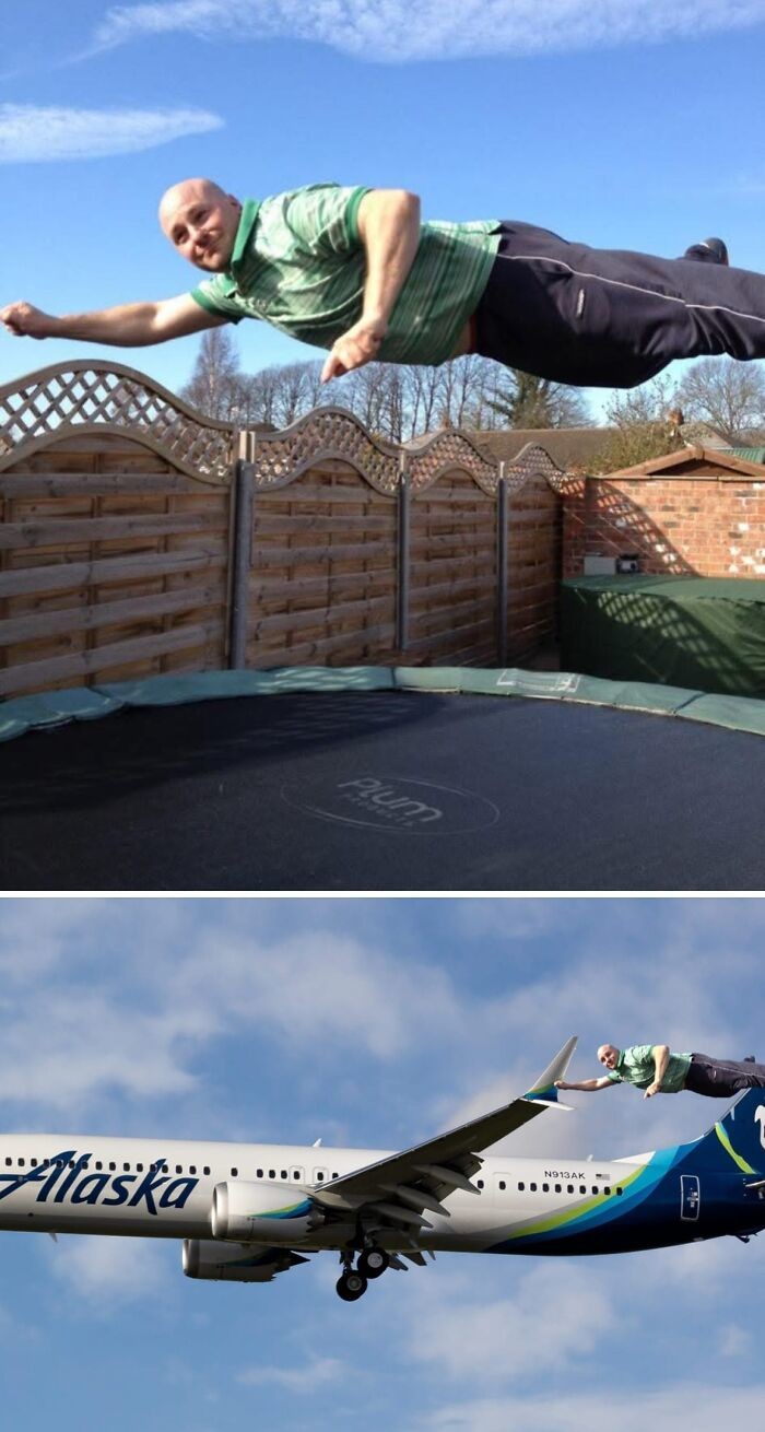 Muž skáče na trampolíne a vyzerá, ako keby letel na lietadle spoločnosti Alaska. Kreatívne kompozitné zobrazenie.