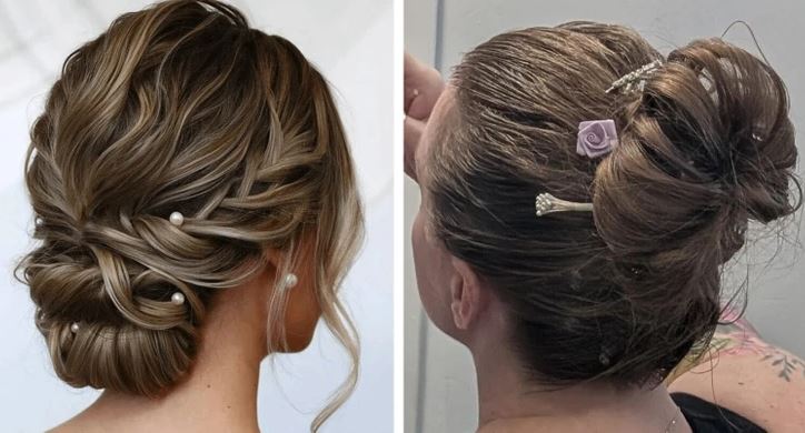 Elegantné účesy na večerné príležitosti s ozdobnými vlasovými doplnkami.