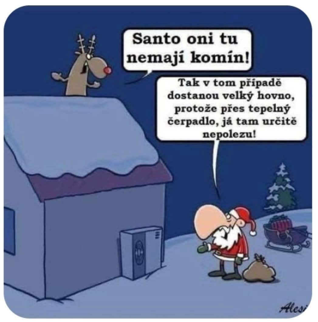 Santa s jeleňom pred domom bez komína, debatujú o doručení darčekov.