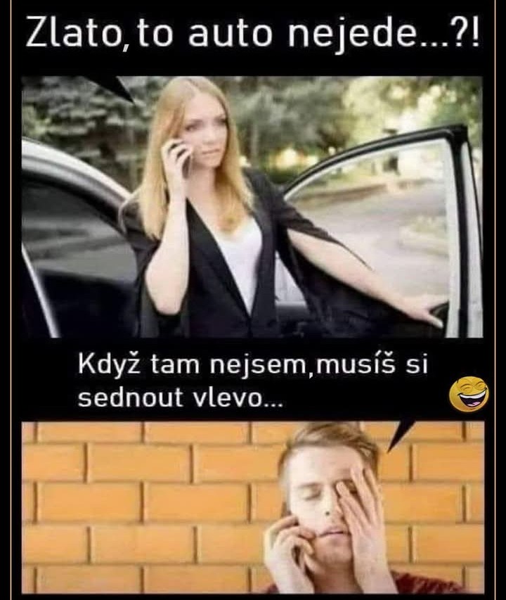 Žena hovorí telefónom pri aute, muž radí, aby sedela na ľavej strane pre šoférovanie. Vtip o zmätku s riadením.