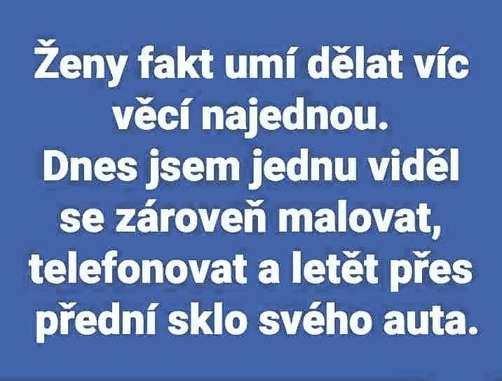 Ženy a multitasking: humorný text o tom, ako žena telefonuje, maľuje a letí cez sklo auta naraz.