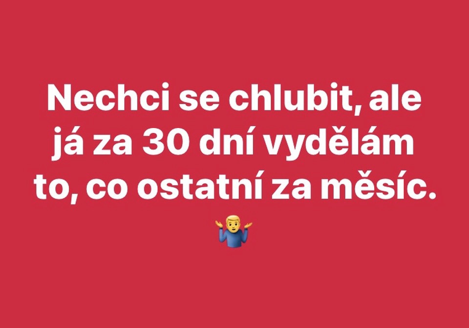 Vtipný text o zárobkoch za 30 dní na červenom pozadí s emoji muža so zdvihnutými rukami.