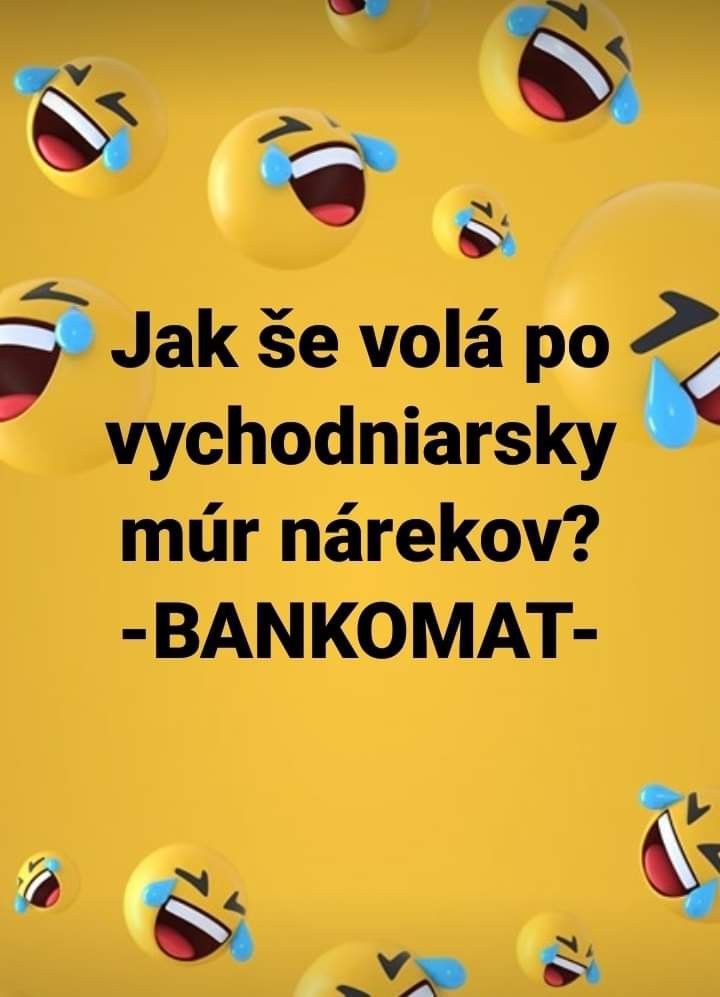 Žlté emoji tváre smejúce sa so slzami, vtipný nápis o východniarskom bankomate.
